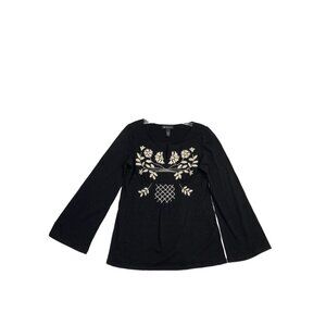 *New INC International Concepts Embroidered Floral Bell Sleeve Top Size L Black